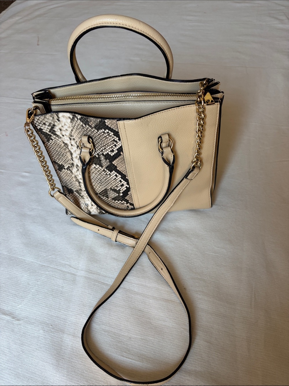 Victoria's Secret Cream Satchel with Snake-Print Accent and Gold Chain Strap